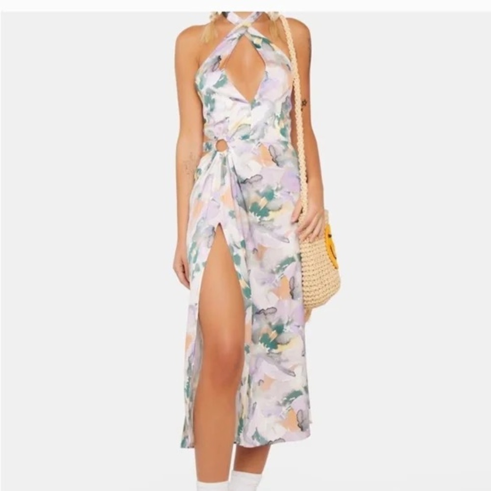 For Love And Lemons Megan Midi‎ Dress Purple Floral Satin Wrap Slit Sundress NEW - Picture 10 of 10